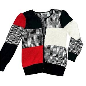 Vintage Angora wool Red white black houndstooth Patchwork cardigan sz M A297